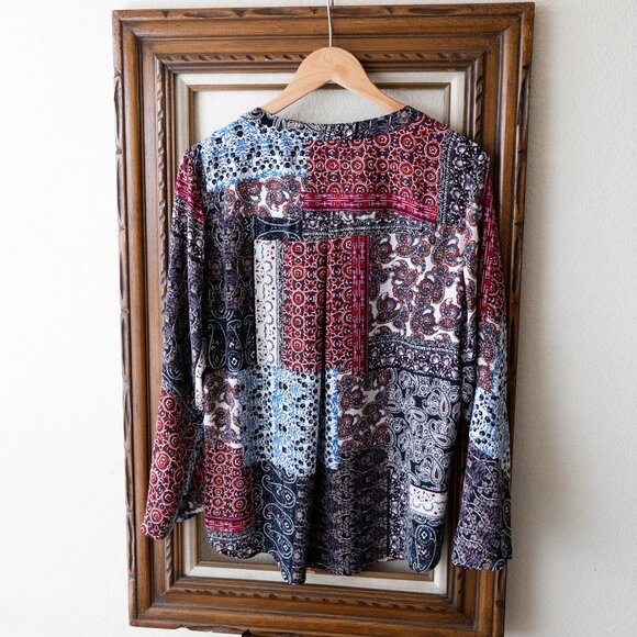 DB Peasant Blouse Size 1X Patchwork Print Pleated Long Sleeve Popover Top Boho - Picture 5 of 6